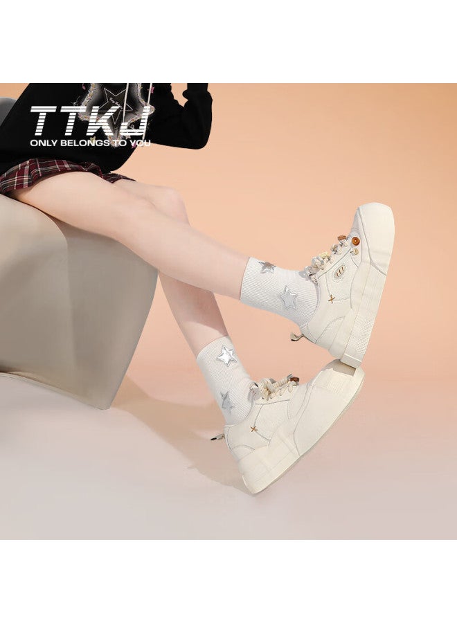 Ttkj Tttj White Sneakers For Women, Soft Sole Comfortable Versatile Thick-soled Heightening Canvas Shoes, Casual Sports Cloud-sole Commuter Skateboard Shoes - Image 5