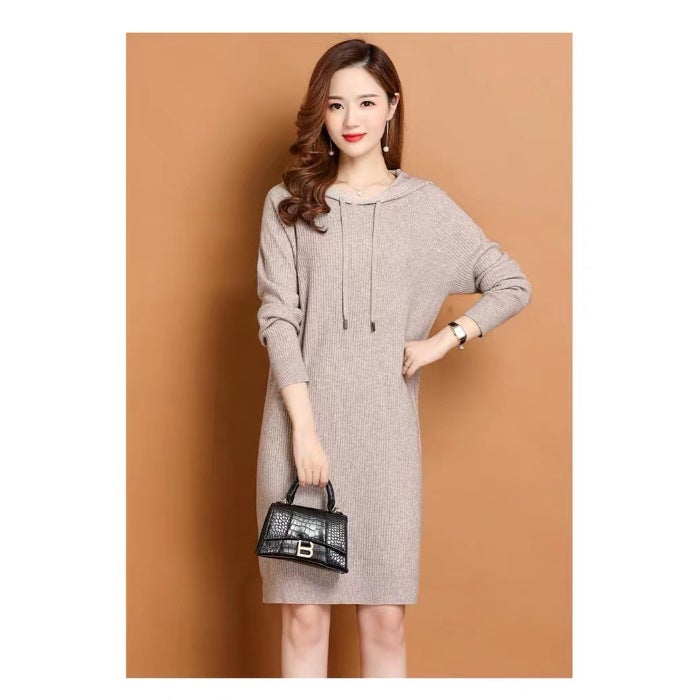 Early Autumn 2024 Hooded Knitted dress Spring and Autumn Mid-length Autumn Slim Fit Womens Dress 8 Color Sweater Dress Black - Image 5