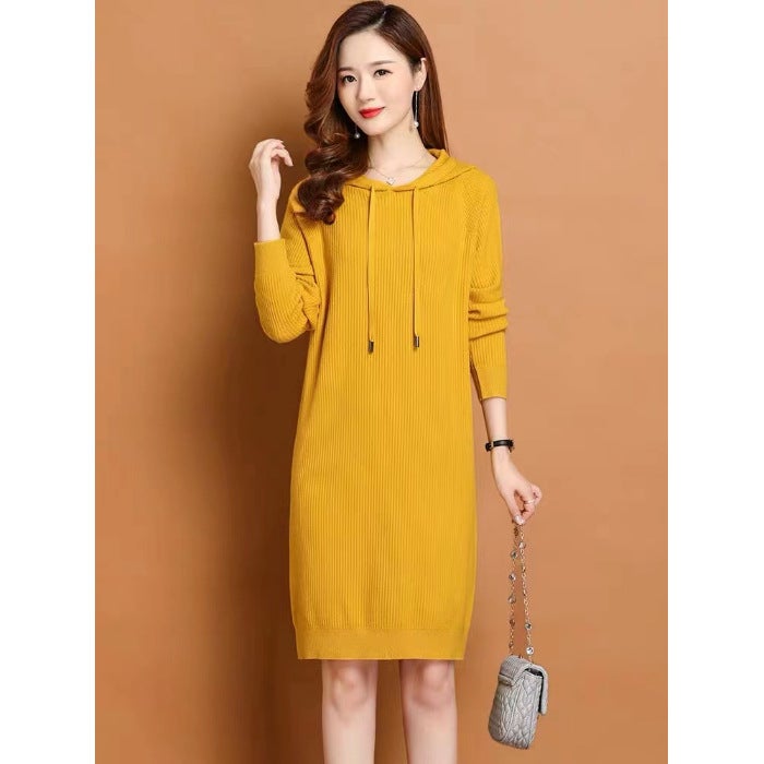 Early Autumn 2024 Hooded Knitted dress Spring and Autumn Mid-length Autumn Slim Fit Womens Dress 8 Color Sweater Dress Black - Image 3
