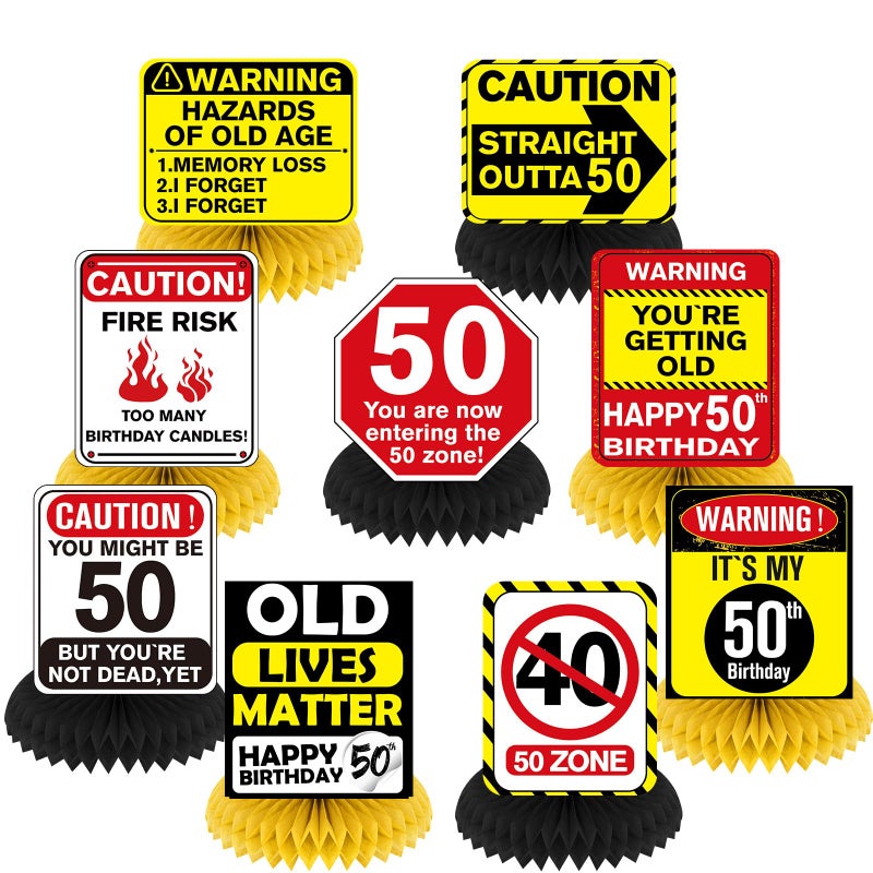 Woosytoo 9Pcs 50th Birthday Honeycomb Centerpieces Funny 50th Birthday Decorations for Adults 50 Years Old Party Decor Cheers to 50 Years Party Banner Table Topper Caution Logos Sign for Men Women - Image 3