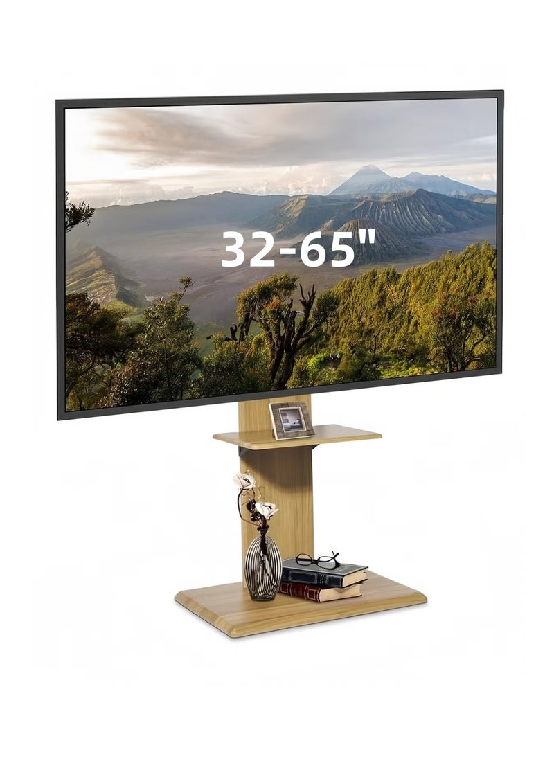 FlashHawk Wooden Floor TV Stand with Height Adjustable and Media Shelf for 32-65 inch Flat Screen TV, Swivel TV Mounts Stand with Solid Wood Base for Living Room - Yellow Grain  - Image 1