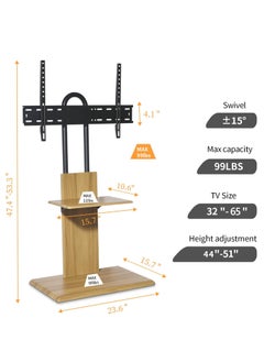 FlashHawk Wooden Floor TV Stand with Height Adjustable and Media Shelf for 32-65 inch Flat Screen TV, Swivel TV Mounts Stand with Solid Wood Base for Living Room - Yellow Grain  - Image 5