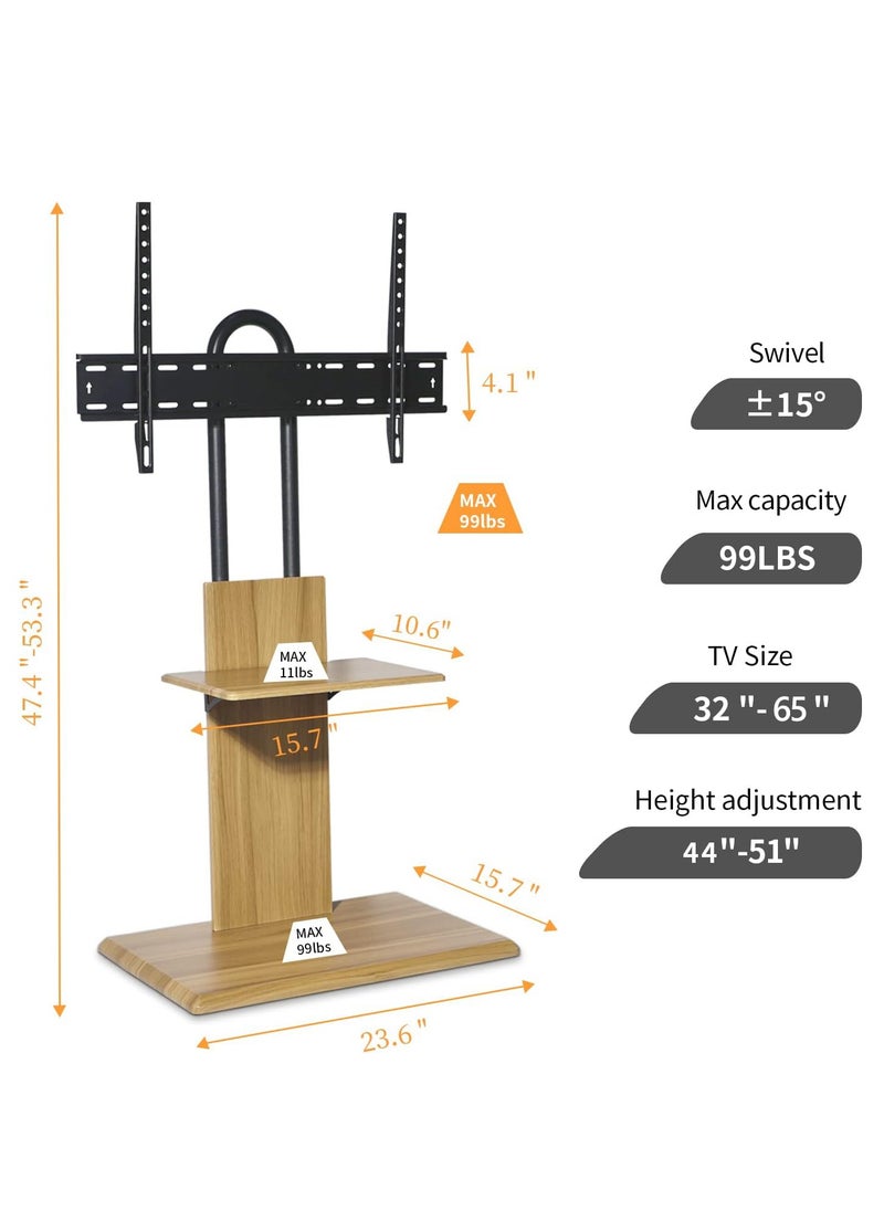 FlashHawk - Wooden Floor TV Stand with Height Adjustable and Media Shelf for 32-65 inch Flat Screen TV, Swivel TV Mounts Stand with Solid Wood Base for Living Room - Yellow Grain - Image 1