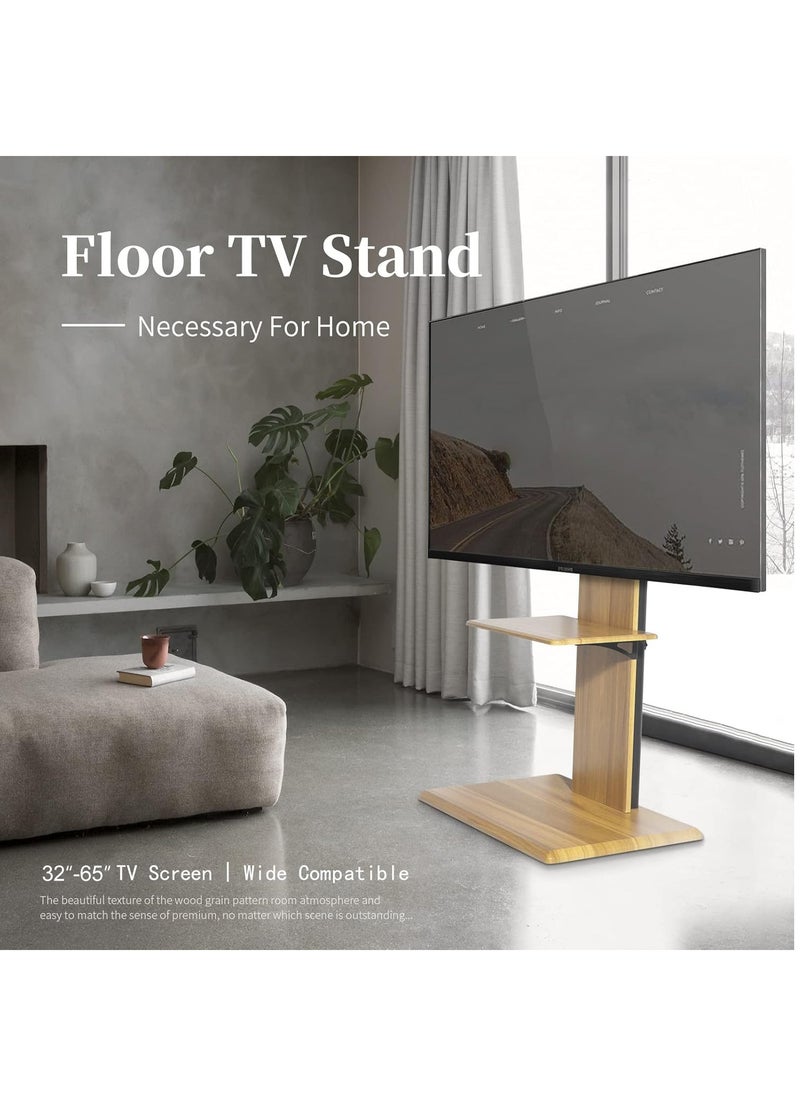 FlashHawk - Wooden Floor TV Stand with Height Adjustable and Media Shelf for 32-65 inch Flat Screen TV, Swivel TV Mounts Stand with Solid Wood Base for Living Room - Yellow Grain - Image 1