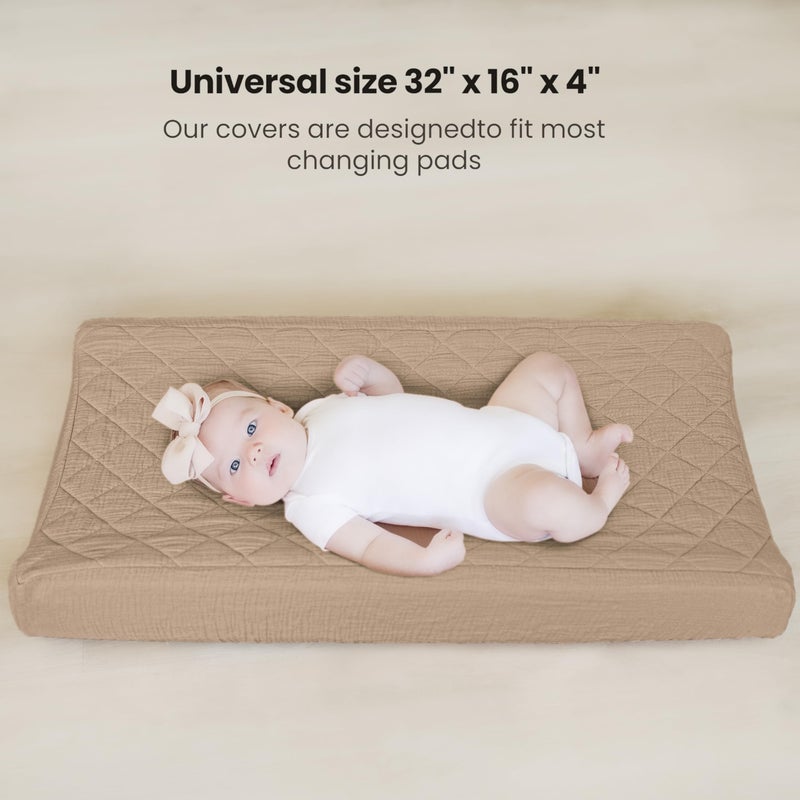 Konssy Waterproof Muslin Changing Pad Cover 2 Pack, Quilted Cotton Fitted Diaper Chang Table Cover, Soft Changing Pad Sheets for Girls Boys (Camel,Sun) - Image 5