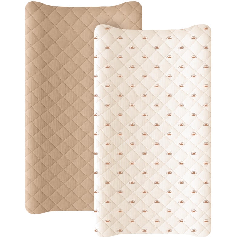 Konssy Waterproof Muslin Changing Pad Cover 2 Pack, Quilted Cotton Fitted Diaper Chang Table Cover, Soft Changing Pad Sheets for Girls Boys (Camel,Sun) - Image 1