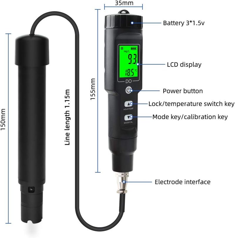 ويوبلز جهاز تحليل وكشف الأكسجين المذاب، مقياس الأكسجين المذاب، جهاز تحليل رقمي للأكسجين المذاب، جهاز اختبار تركيز الأكسجين المذاب من 0.0 إلى 40.0 ملغم/لتر، قلم محمول لقياس الأكسجين المذاب لحمامات السباحة وأحواض تربية الأحياء المائية في المياه العذبة - Image 3