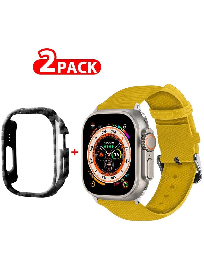CATANES 2 Packs For Apple Watch Band 49mm Leather Band Buckle Strap Wristband and Carbon Fiber Cup Holder Yellow - Image 1