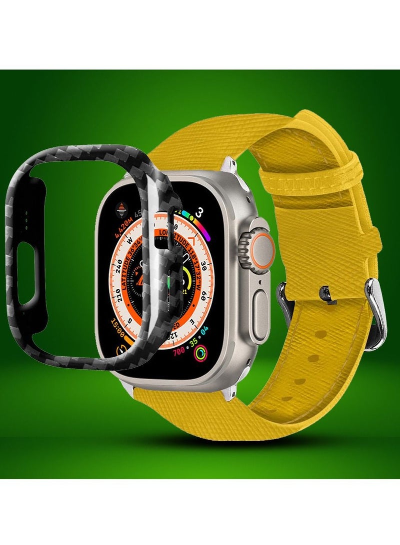 CATANES 2 Packs For Apple Watch Band 49mm Leather Band Buckle Strap Wristband and Carbon Fiber Cup Holder Yellow - Image 2
