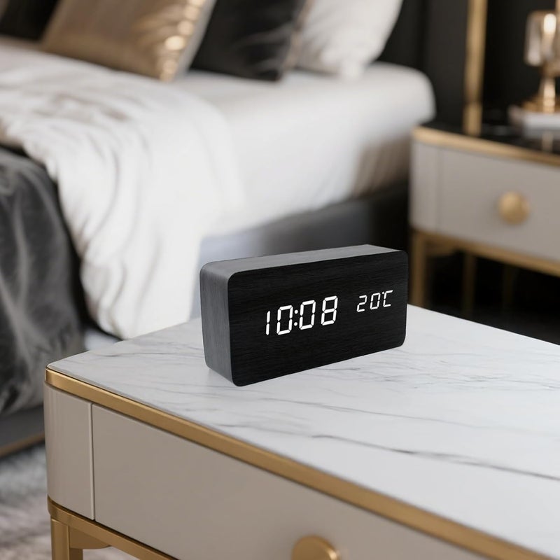 Atomic Clock Led Digital Wall Clock, USB and Battery Powered, Modern Black Wood Design, Time and Temperature Display Multifunctional, for Bedrooms Students and Great - Image 3