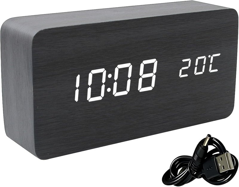Atomic Clock Led Digital Wall Clock, USB and Battery Powered, Modern Black Wood Design, Time and Temperature Display Multifunctional, for Bedrooms Students and Great - Image 1