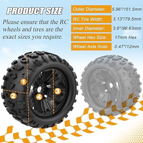RC Station 17mm Hex RC Wheels and Tires 4PCS RC Truck Buggy 38 Tires Wheels for 18 110 Scale Arrma Kraton Notorious Outcast Typhon 6S 4S 3S Traxxas Maxx T Maxx Sledge Revo 33 Tires Wheels Preglued - Image 5