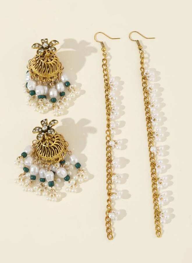 Take Two Take Two Embellished Bell Faux Pearl Hair Chain Jhumka Earrings