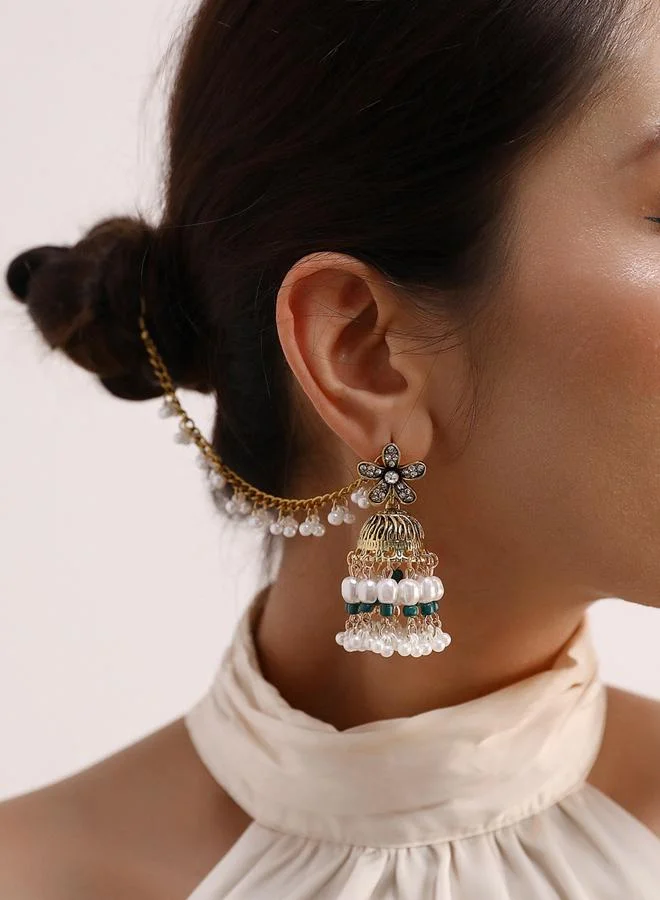 Take Two  Take Two Embellished Bell Faux Pearl Hair Chain Jhumka Earrings for Women | Best Price UAE