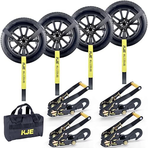 KJE 4 Pack Car Tie Down Straps for Trailers - Lasso Style Tire Ratchet Strap with Snap Hooks - 2" x 10' 10,000LBS Break Strength - Wheel Straps for Hauling UTV, SUV, Truck, Any Cars - Image 1
