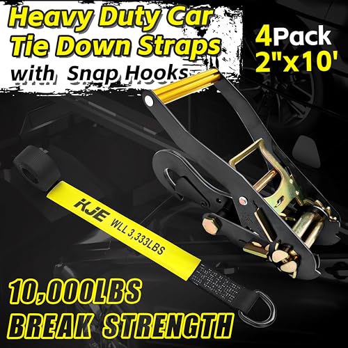 KJE 4 Pack Car Tie Down Straps for Trailers - Lasso Style Tire Ratchet Strap with Snap Hooks - 2" x 10' 10,000LBS Break Strength - Wheel Straps for Hauling UTV, SUV, Truck, Any Cars - Image 2
