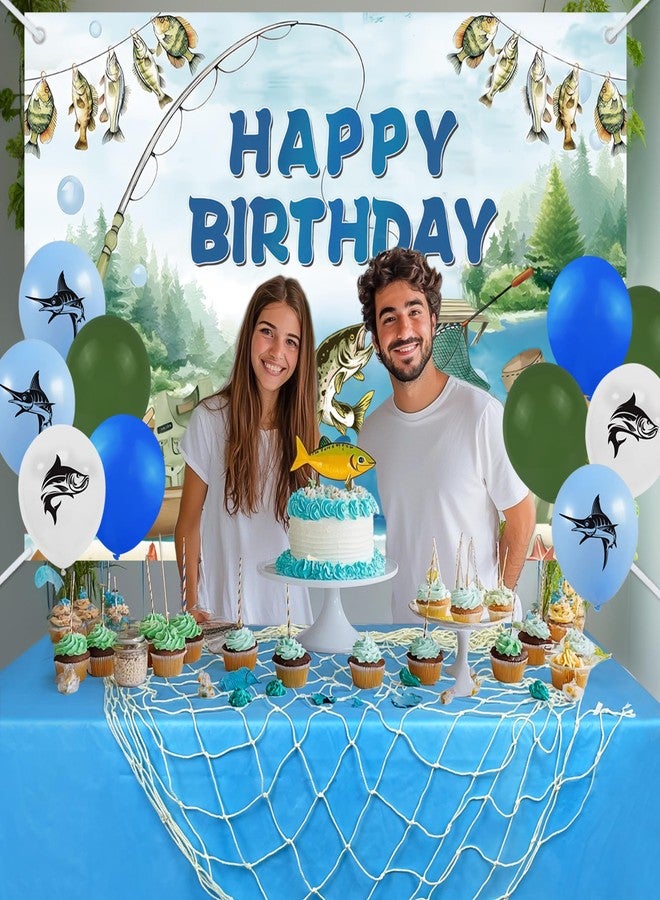 KDPATFAV مجموعة زينة حفلة صيد السمك تتضمن خلفية عيد ميلاد بطابع صيد السمك، مفرش طاولة، بالونات، شبكة صيد، كشك تصوير، ولوازم حفلات أخرى. - Image 4
