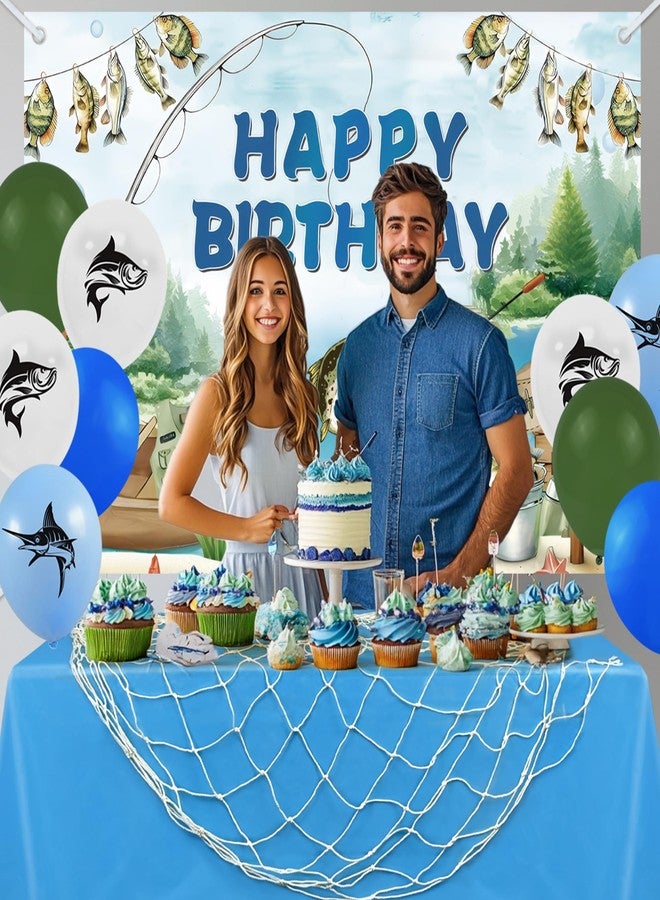 KDPATFAV مجموعة زينة حفلة صيد السمك تتضمن خلفية عيد ميلاد بطابع صيد السمك، مفرش طاولة، بالونات، شبكة صيد، كشك تصوير، ولوازم حفلات أخرى. - Image 5
