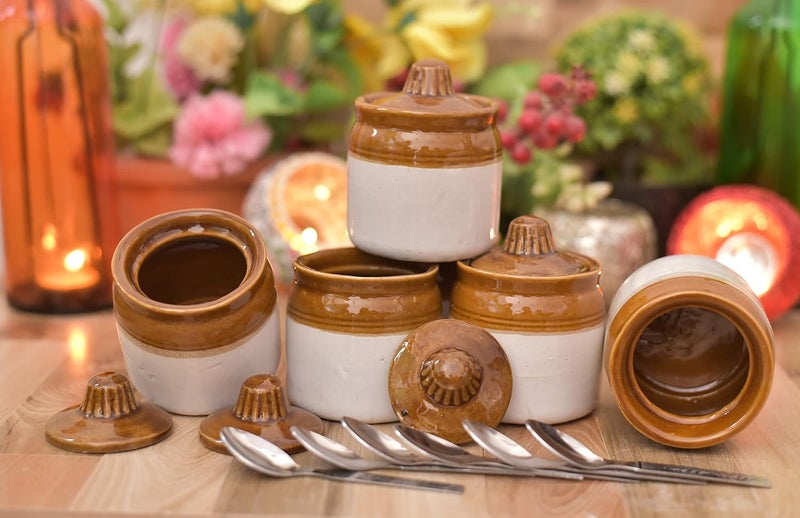 Jetwals eramic Handmade Pickle Jar Set with Lid Dining Table Pickles Containers WITH STEEL SPOON 200ML JAR WITH SPOON PACK OF 6 - Image 2