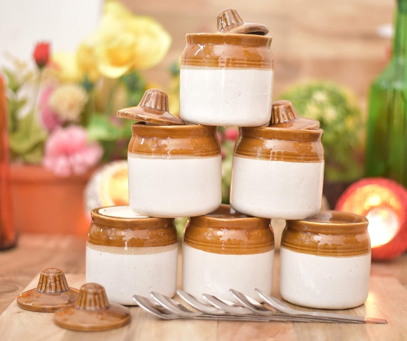 Jetwals eramic Handmade Pickle Jar Set with Lid Dining Table Pickles Containers WITH STEEL SPOON 200ML JAR WITH SPOON PACK OF 6 - Image 1