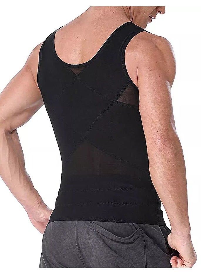 DubaiGallery سترة تشكيل الجسم النحيف للرجال - 60% نايلون 40% قماش محبوك، بدون أكمام، ياقة دائرية، تحكم في البطن، قميص ضيق، لون موحد عالي المرونة - Image 2