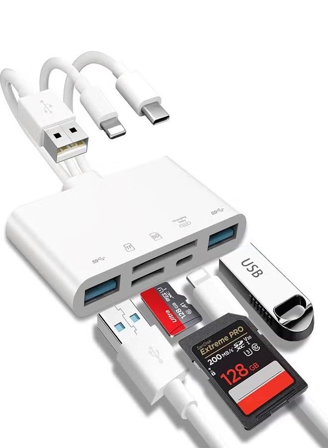SD Card Reader 5-in-1 Memory Card Reader USB OTG Adapter & SD Card Reader for i-Phone/i-Pad, USB C and USB A Devices  - Image 1