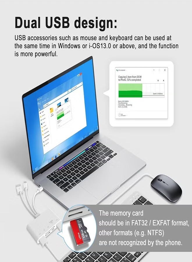 SD Card Reader 5-in-1 Memory Card Reader USB OTG Adapter & SD Card Reader for i-Phone/i-Pad, USB C and USB A Devices  - Image 5
