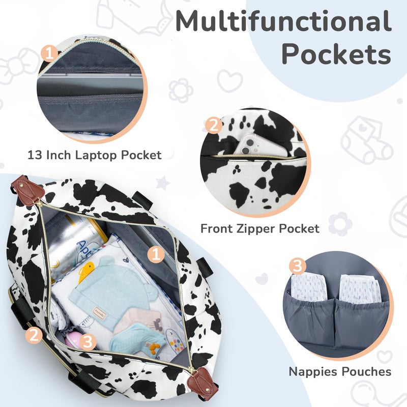 Tenot Diaper Bag Tote with Pacifier Case, Baby Bag for Women with Shoulder Straps, Travel Diaper Tote for for Mom and Dad Medium Size, Cow Print - Image 4