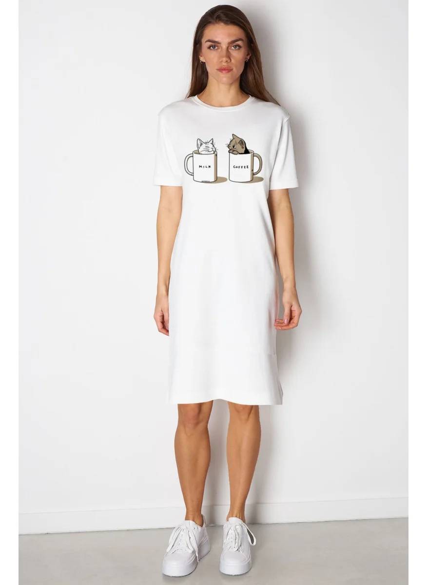 Rock&Roll Milky and Plain White Short Sleeve Above Knee Mid Length Combed Cotton Dress