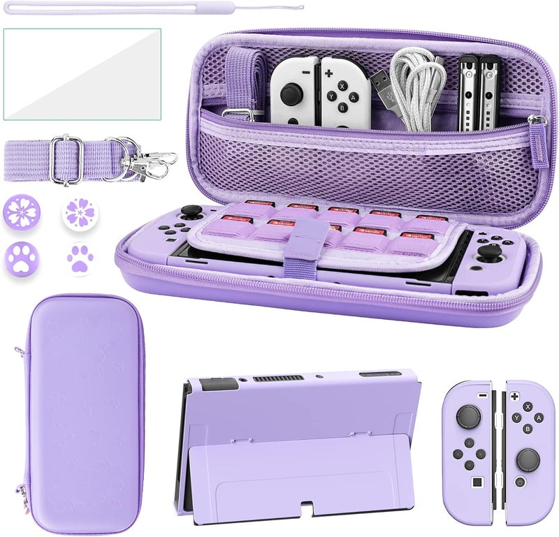 FANPL حزمة حقيبة لملحقات Nintendo Switch OLED، حقيبة حمل لـ Switch OLED ووحدة تحكم Joy Con مع حقيبة حماية صلبة قابلة للطي وواقي شاشة، 4 مقابض إبهام، حزام كتف (أرجواني) - Image 1