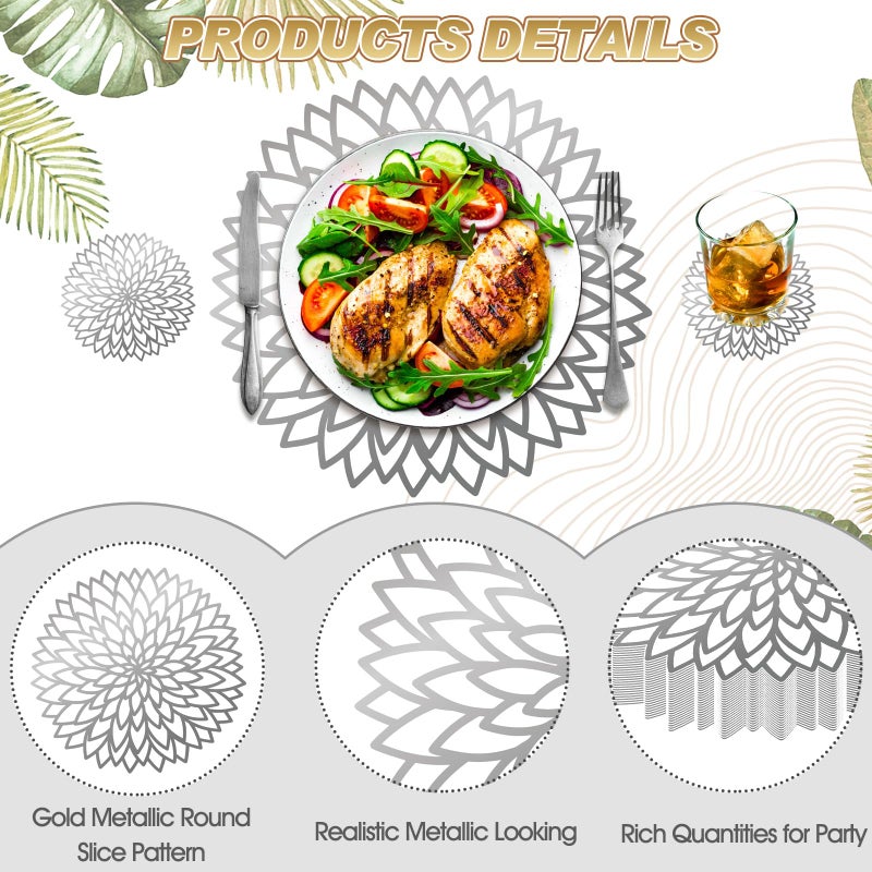 Geosar 200 Disposable Paper Placemats and Coasters Set Summer Hawaiian Luau Placemat with Coasters Outdoor Indoor for Greenery Jungle Dining Table Decoration Shower Birthday(Silver Metallic) - Image 3