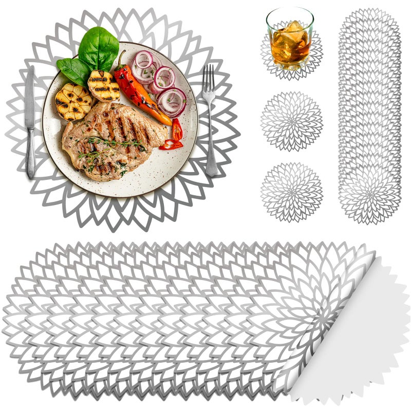 Geosar 200 Disposable Paper Placemats and Coasters Set Summer Hawaiian Luau Placemat with Coasters Outdoor Indoor for Greenery Jungle Dining Table Decoration Shower Birthday(Silver Metallic) - Image 1