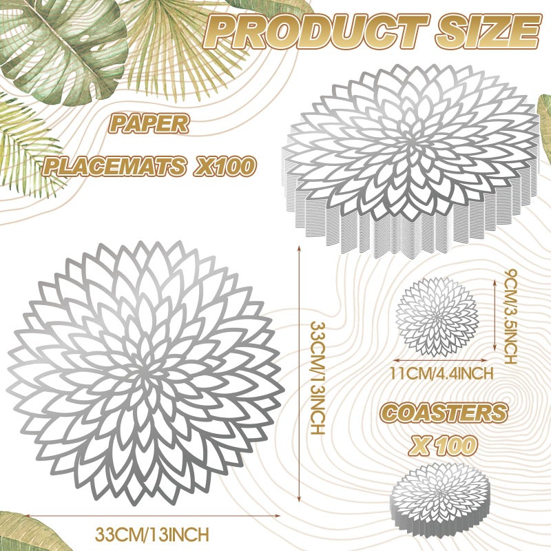 Geosar 200 Disposable Paper Placemats and Coasters Set Summer Hawaiian Luau Placemat with Coasters Outdoor Indoor for Greenery Jungle Dining Table Decoration Shower Birthday(Silver Metallic) - Image 4