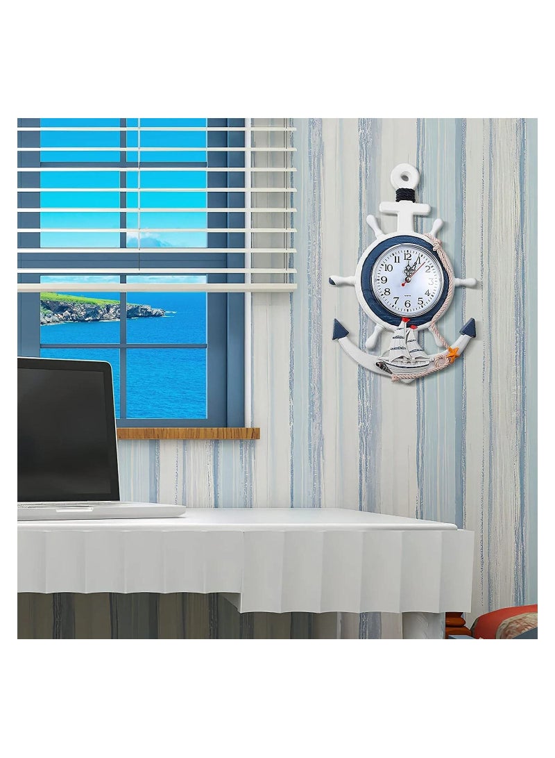 SYOSI Wall Clock, Mediterranean Style, Nautical Hanging Clock, Creative Nautical Anchor Ship, Wall Decoration for Living Room Bedroom Home Office, Decorations Gift, Clock Wall (Helmsman) - Image 2