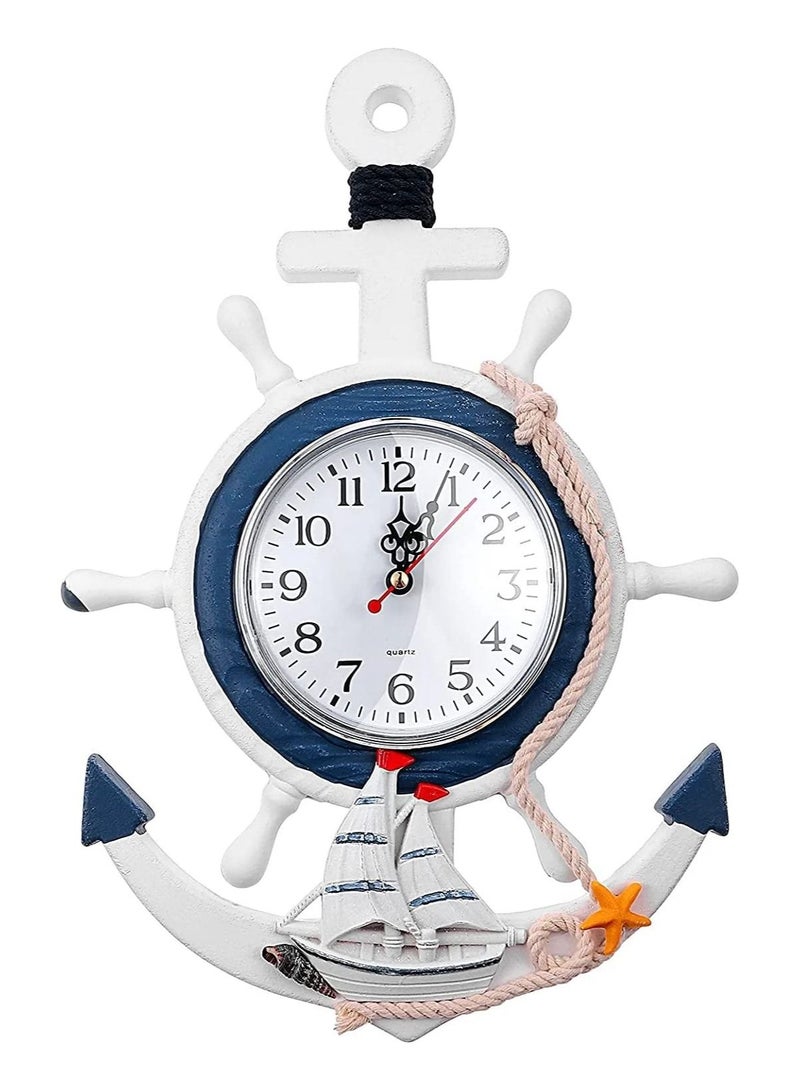 SYOSI Wall Clock, Mediterranean Style, Nautical Hanging Clock, Creative Nautical Anchor Ship, Wall Decoration for Living Room Bedroom Home Office, Decorations Gift, Clock Wall (Helmsman) - Image 1