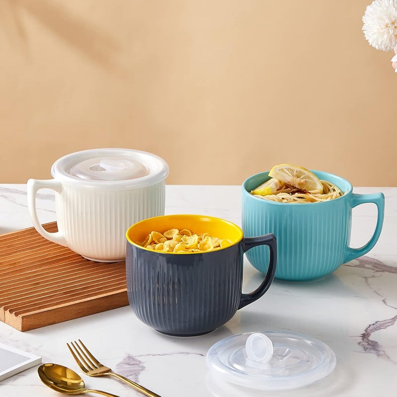 Hoilse Ceramic Soup Bowl with Handle 32oz  Microwave Ramen Bowl with Lid Soup Mugs  Cups for Cereal Oatmeal Ramen Instant Noodle Soup Container with Lid  Blue - Image 4