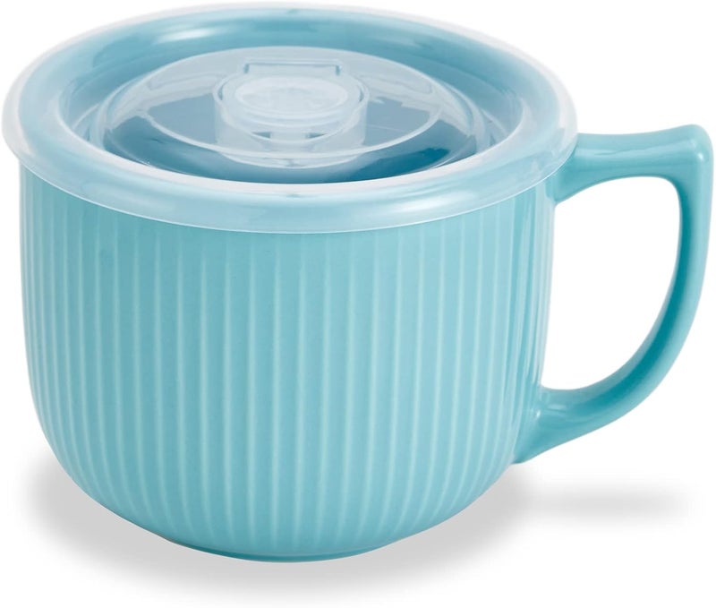 Hoilse Ceramic Soup Bowl with Handle 32oz  Microwave Ramen Bowl with Lid Soup Mugs  Cups for Cereal Oatmeal Ramen Instant Noodle Soup Container with Lid  Blue - Image 1