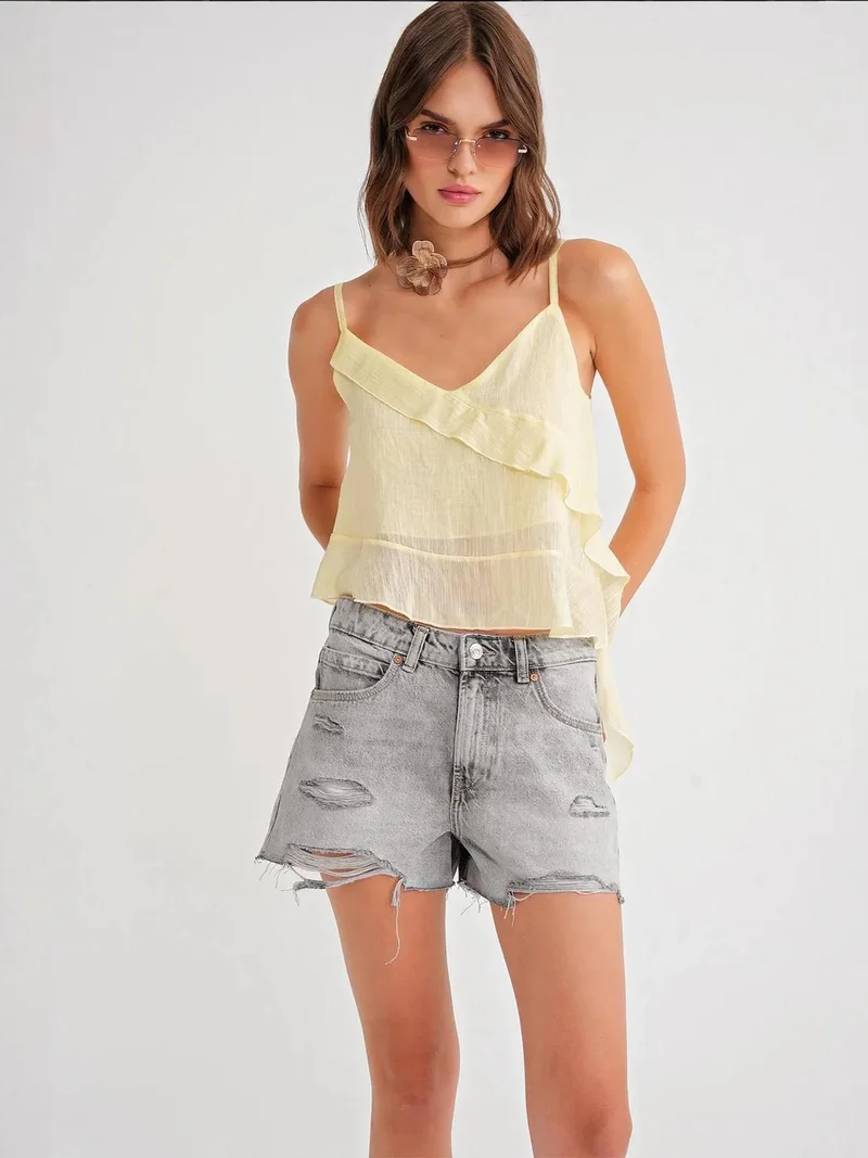 MixRay Mixray Frilly Textured V-Neck Crop Top