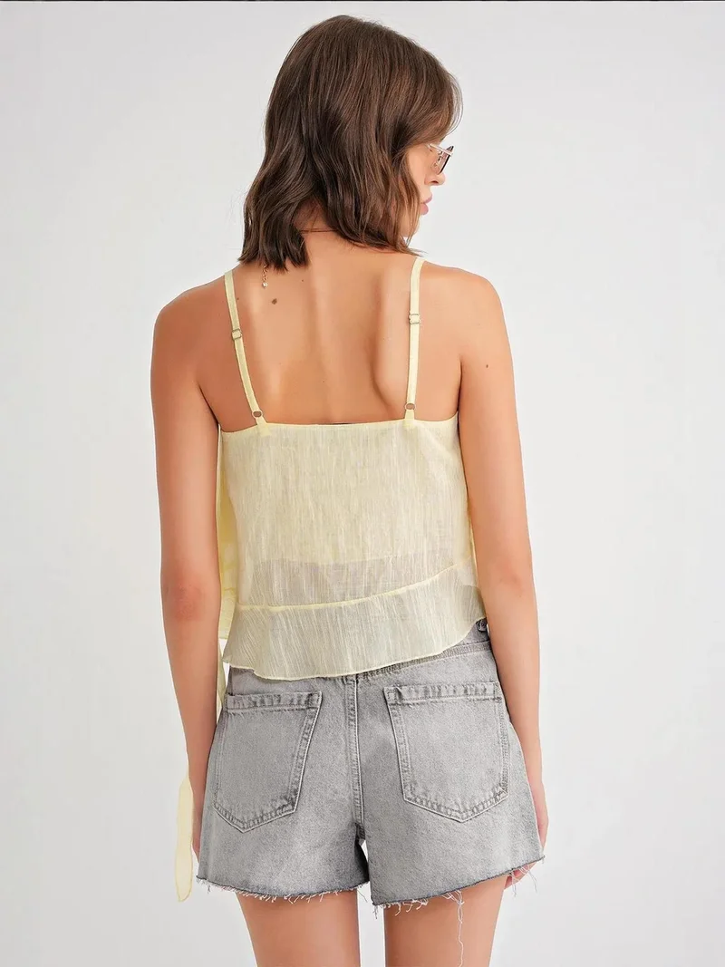 MixRay Lemon Yellow Mixray Frilly Textured V-Neck Crop Top for Women | Best Price UAE