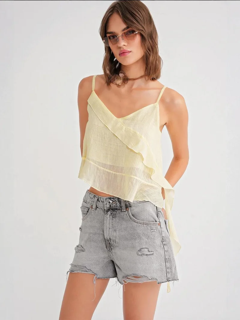 MixRay Lemon Yellow Mixray Frilly Textured V-Neck Crop Top for Women | Best Price UAE