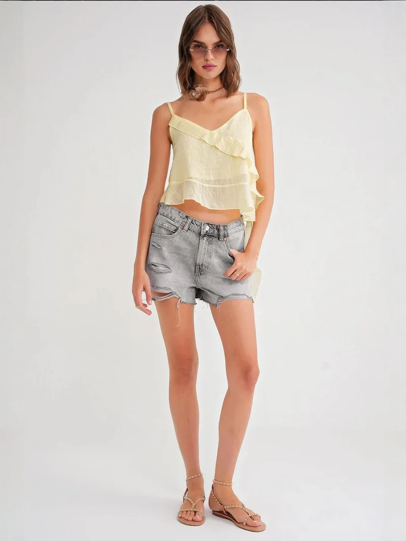 MixRay Lemon Yellow Mixray Frilly Textured V-Neck Crop Top for Women | Best Price UAE