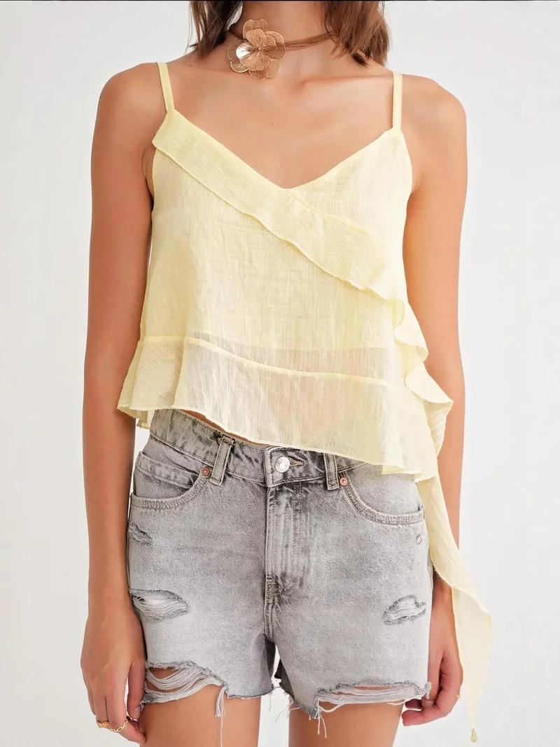 MixRay Lemon Yellow Mixray Frilly Textured V-Neck Crop Top for Women | Best Price UAE
