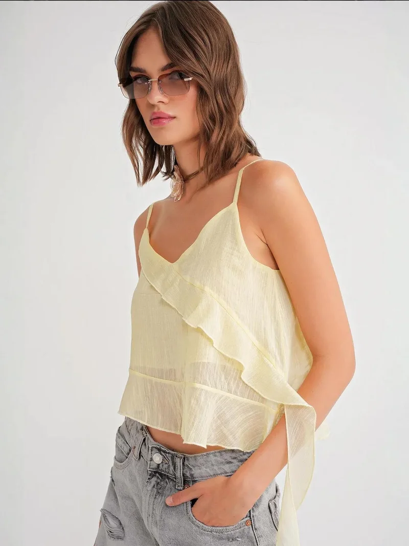 MixRay Lemon Yellow Mixray Frilly Textured V-Neck Crop Top for Women | Best Price UAE