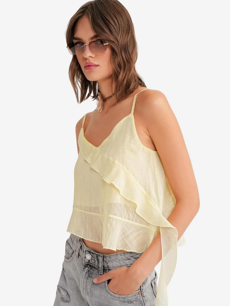 Mixray Lemon Yellow Mixray Frilly Textured V-Neck Crop Top for Women | Best Price UAE