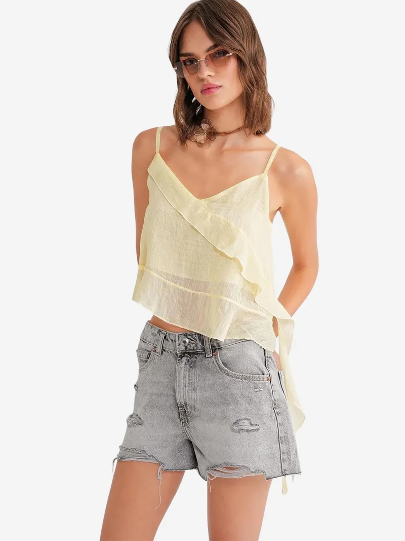Mixray Lemon Yellow Mixray Frilly Textured V-Neck Crop Top for Women | Best Price UAE