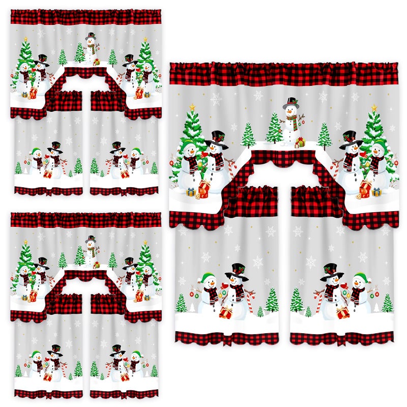 Frienda 9 Pcs Christmas Kitchen Curtains Window Curtains and Valance Set Snowman Christmas Tree Buffalo Plaid Decor for Bedroom Living Room 60 x 36 Valance 36 x 30 Tier - Image 2