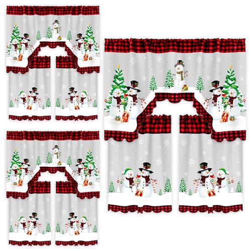 Frienda 9 Pcs Christmas Kitchen Curtains Window Curtains and Valance Set Snowman Christmas Tree Buffalo Plaid Decor for Bedroom Living Room 60 x 36 Valance 36 x 30 Tier - Image 1