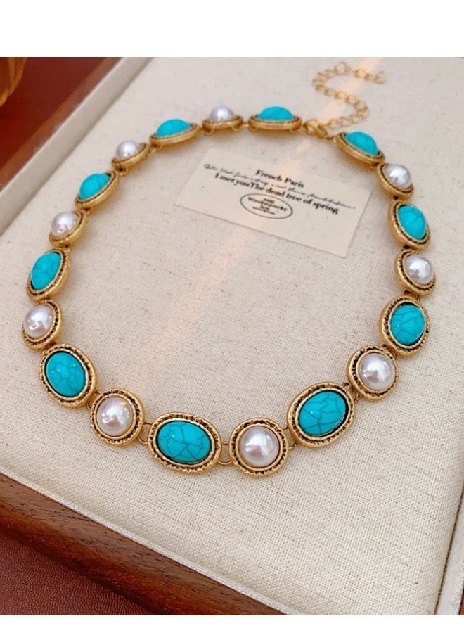 Lesha synthetic turquoise necklace for women—Dainty Vintage Throat Chakra, Gift for Her, Lobster Clasp Toggle Clasp (17 Inch Double Strand Sterling Toggle) - Image 1