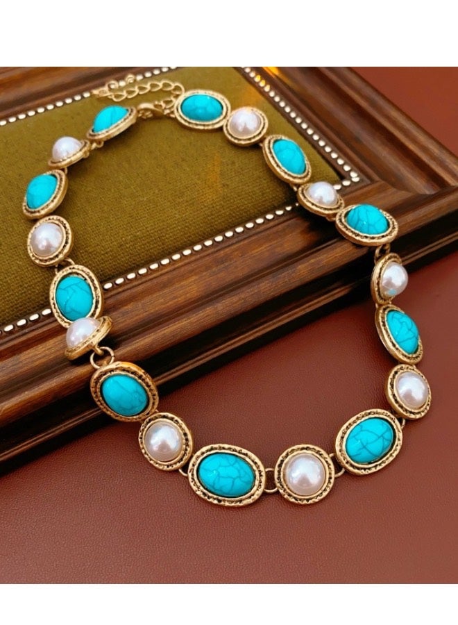 Lesha synthetic turquoise necklace for women—Dainty Vintage Throat Chakra, Gift for Her, Lobster Clasp Toggle Clasp (17 Inch Double Strand Sterling Toggle) - Image 2