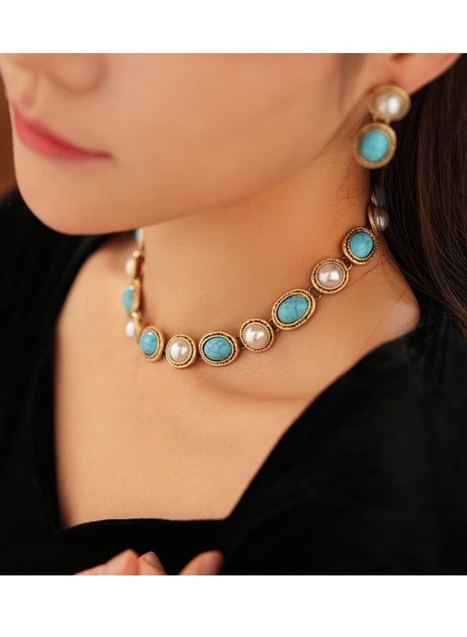 Lesha synthetic turquoise necklace for women—Dainty Vintage Throat Chakra, Gift for Her, Lobster Clasp Toggle Clasp (17 Inch Double Strand Sterling Toggle) - Image 5